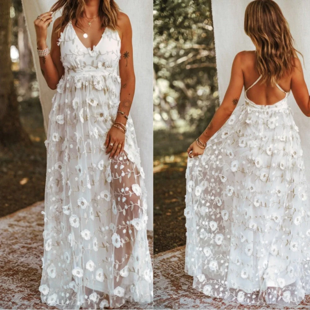 White Floral High Slit Maxi Dress - Picture 2 of 8